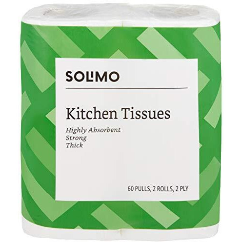Amazon Brand - Solimo Kitchen Tissue Rolls | 2 Ply Kitchen Paper Roll | 120 Pulls | 60 Pulls X 2 Rolls | Food Safe | Highly Absorbent | Oba-Free | 100% Natural Virgin Cellulose Fiber