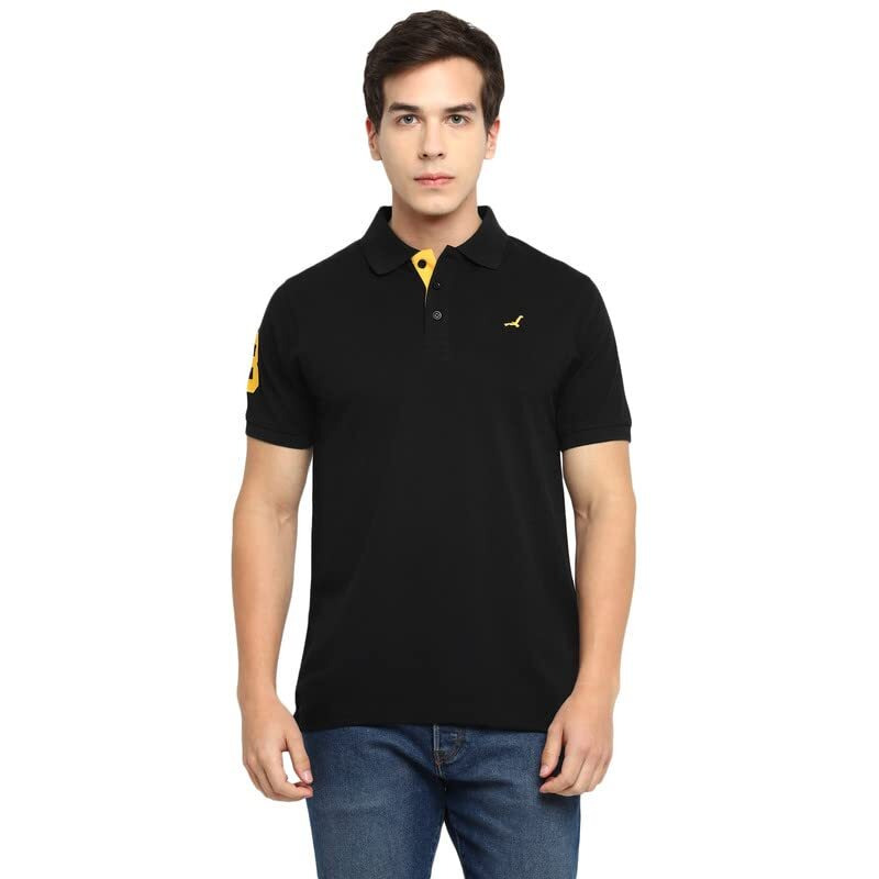 American Crew Men's Poly Cotton Polo Collar Half Sleeve Regular Fit T-Shirt (Black, Large)
