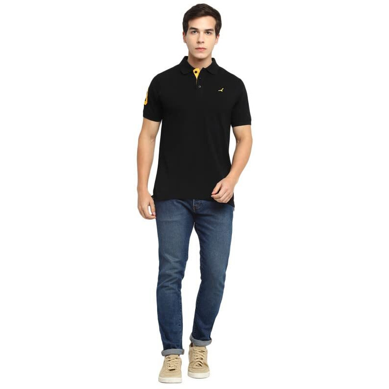 American Crew Men's Poly Cotton Polo Collar Half Sleeve Regular Fit T-Shirt (Black, Large)