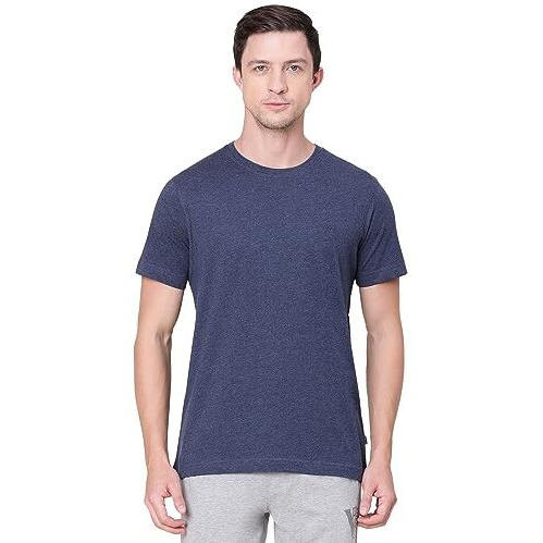 Van Heusen Athleisure Men's Round Neck Cotton T-Shirt (8907670964521_60021_Blue Melange_L)
