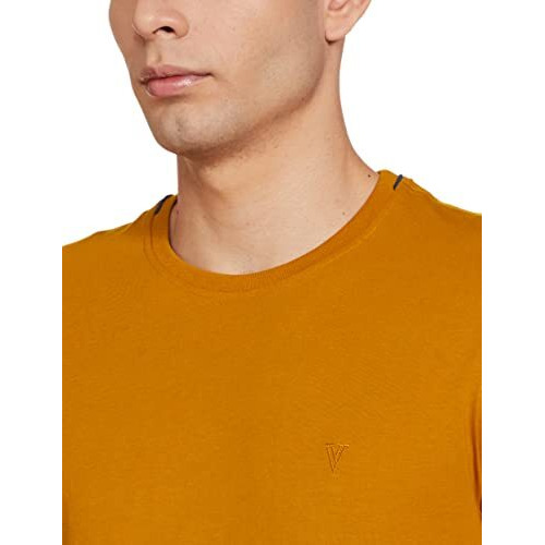 Van Heusen Athleisure Men Regular Fit T-Shirt-Cotton Rich-Smart Tech, Easy Stain Release, Anti Stat, Ultra Soft, Moisture Wicking_60021_Mustard_L, Yellow