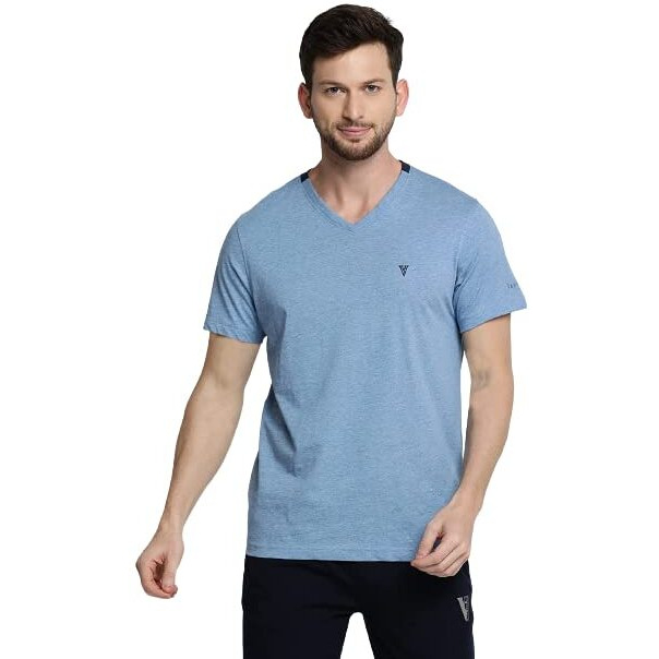Van Heusen Men's Cotton Athleisure Smart Tech Regular Fit T-Shirt - Easy Stain Release, Anti Stat, Ultra Soft_60001_Sky Melange_M