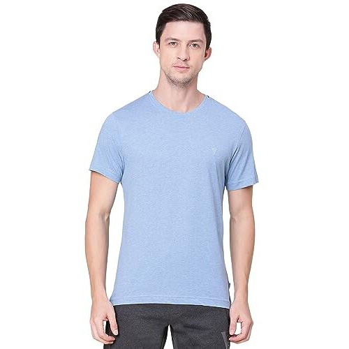 Van Heusen Athleisure Men Regular Fit T-Shirt - Cotton Rich Smart Tech, Easy Stain Release, Anti Stat, Ultra Soft, Moisture Wicking_60021_Sky Melange_L