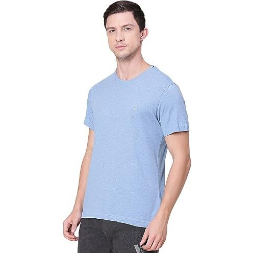 Van Heusen Athleisure Men Regular Fit T-Shirt - Cotton Rich Smart Tech, Easy Stain Release, Anti Stat, Ultra Soft, Moisture Wicking_60021_Sky Melange_L