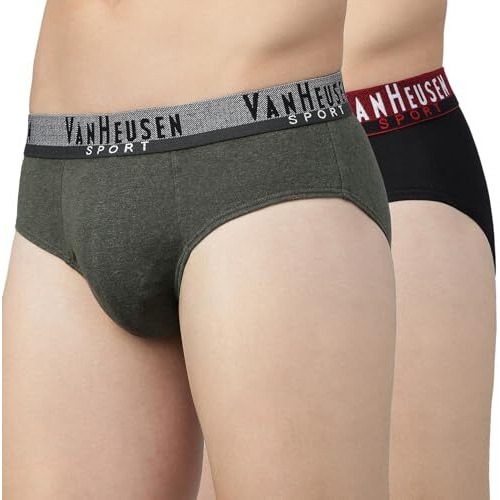 Van Heusen Sport Men Briefs - 100% Combed Cotton - Pack Of 2 - Plush Back Elasticized Waistband, Ultra Soft, Solid_70001_Pure Black, Olive Melange_L