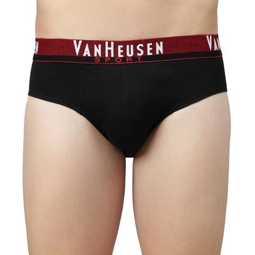Van Heusen Sport Men Briefs - 100% Combed Cotton - Pack Of 2 - Plush Back Elasticized Waistband, Ultra Soft, Solid_70001_Pure Black, Olive Melange_L