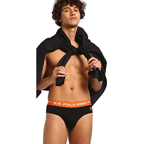 U.S. Polo Assn. Men Logo Waistband Cotton Stretch Iyah Briefs - Pack Of 2 (Orange/Black L)