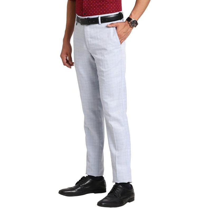 Turtle Men Poly Viscose Light Blue Checkered Ultra Slim Fit Flat Front Formal Trouser