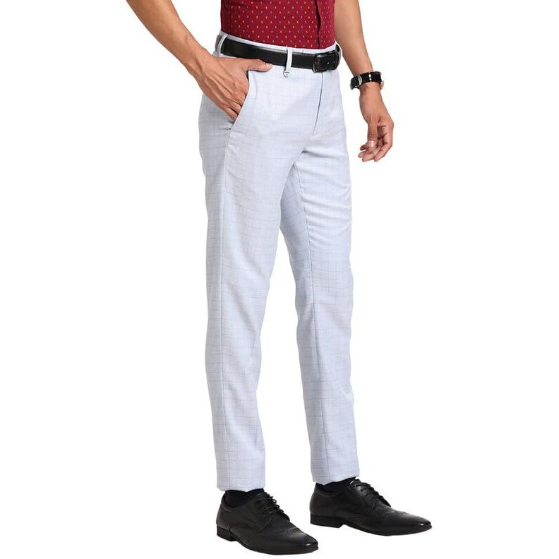 Turtle Men Poly Viscose Light Blue Checkered Ultra Slim Fit Flat Front Formal Trouser
