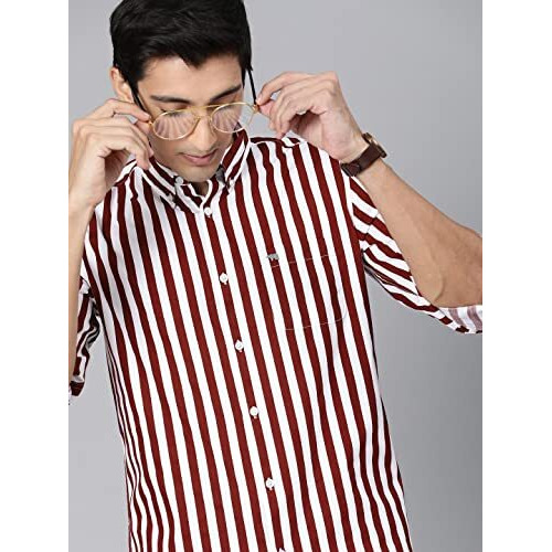 The Bear House Men's Cotton Slim Striped Casual Shirt |Maroon |L |Tbh-Piranha-Mr-L |