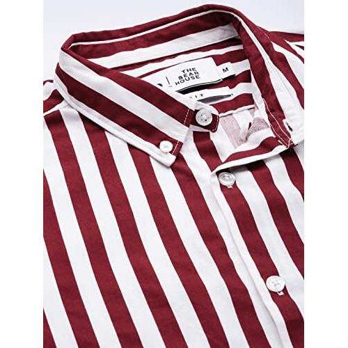The Bear House Men's Cotton Slim Striped Casual Shirt |Maroon |L |Tbh-Piranha-Mr-L |
