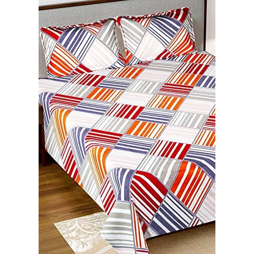Heart Home Triangle Design Glace Cotton Double Bedsheet With 2 Pillow Covers (Blue & Cream) - Cthh7280