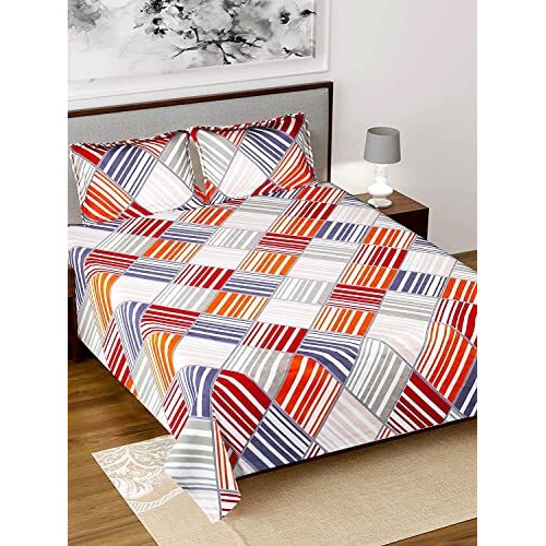 Heart Home Triangle Design Glace Cotton Double Bedsheet With 2 Pillow Covers (Blue & Cream) - Cthh7280