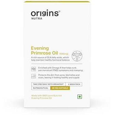Origins Nutra Evening Primrose Oil | Supports Hormonal Balance, Helps Lower Pms Symptoms, Improves Skin Health| Evening Primrose Oil | Gmp Certified | For Men & Women | 28 Veg Soft Gels (Pack Of 1)