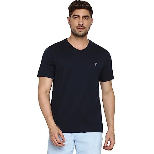 Van Heusen Men Athleisure Smart Tech Slim Fit T-Shirt - Easy Stain Release, Anti Stat, Ultra Soft_60001_Navy_L