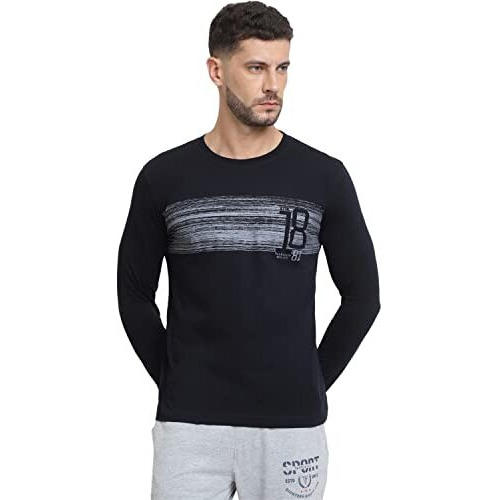 Van Heusen Cotton Men Athleisure Crew Neck Regular Fit T-Shirt - Long Sleeve, Printed_60095_Black_Xl