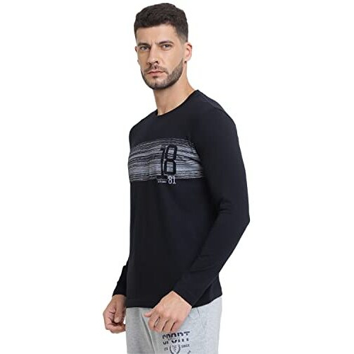Van Heusen Cotton Men Athleisure Crew Neck Regular Fit T-Shirt - Long Sleeve, Printed_60095_Black_Xl