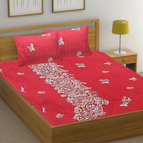 Hashcart 210 Tc Cotton Bedsheet For Double Bed Queen Size, Cotton Bedsheet With Two Pillow Covers - Red, Botanical, Bedsheet Size (90X94 Inch)