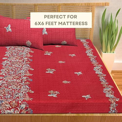 Hashcart 210 Tc Cotton Bedsheet For Double Bed Queen Size, Cotton Bedsheet With Two Pillow Covers - Red, Botanical, Bedsheet Size (90X94 Inch)