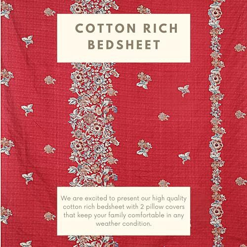 Hashcart 210 Tc Cotton Bedsheet For Double Bed Queen Size, Cotton Bedsheet With Two Pillow Covers - Red, Botanical, Bedsheet Size (90X94 Inch)