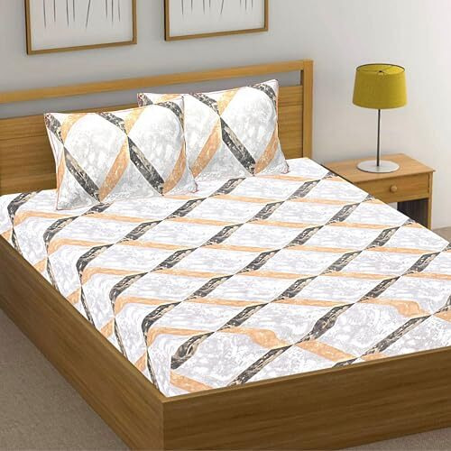 Hashcart Cotton Bedsheet For Double Bed, Soft And Comfort Home Decor Bedsheet & 2 Pillow Covers - White Smoke, Geometric, Bedsheet Size (90X94 Inch)