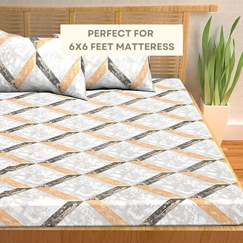 Hashcart Cotton Bedsheet For Double Bed, Soft And Comfort Home Decor Bedsheet & 2 Pillow Covers - White Smoke, Geometric, Bedsheet Size (90X94 Inch)