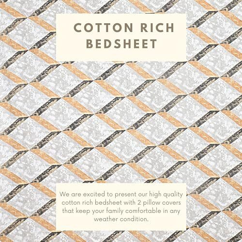 Hashcart Cotton Bedsheet For Double Bed, Soft And Comfort Home Decor Bedsheet & 2 Pillow Covers - White Smoke, Geometric, Bedsheet Size (90X94 Inch)