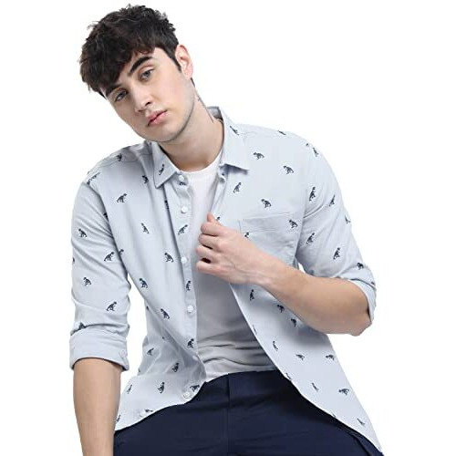 Ketch Men's Cotton Letter Print Straight Fit Shirt (Khsh000439_Lt Blue M)
