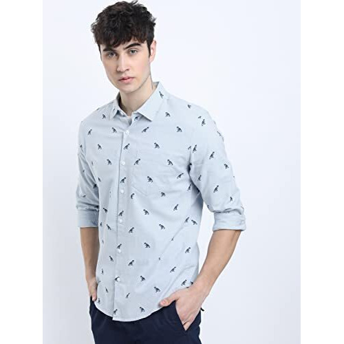 Ketch Men's Cotton Letter Print Straight Fit Shirt (Khsh000439_Lt Blue M)