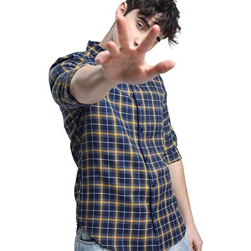 Ketch Men's Checkered Slim Fit Shirt (Khsh000530_Navy/Yellow S)