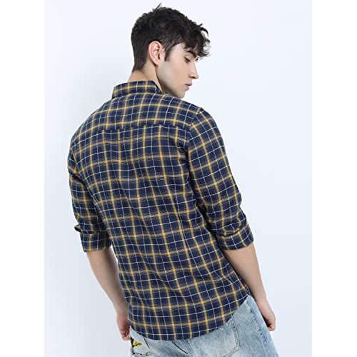 Ketch Men's Checkered Slim Fit Shirt (Khsh000530_Navy/Yellow S)