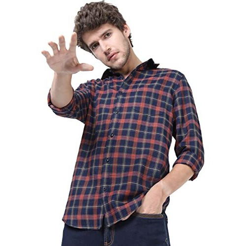 Ketch Men's Checkered Slim Fit Shirt (Khsh000695_Navy Blue/Rust L)