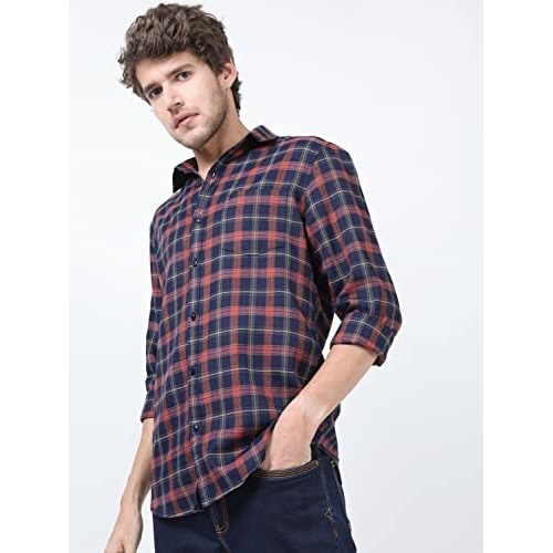 Ketch Men's Checkered Slim Fit Shirt (Khsh000695_Navy Blue/Rust L)