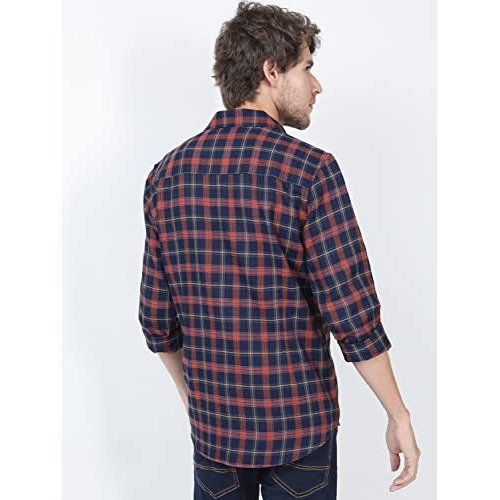 Ketch Men's Checkered Slim Fit Shirt (Khsh000695_Navy Blue/Rust L)