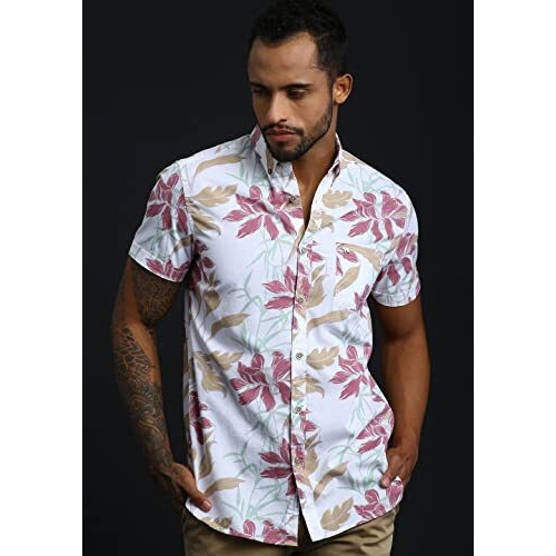 The Bear House Men's Cotton Slim Printed Hawaiian Short Sleeves Shirt |White |L |Tbh-Linsy-Wh-L |