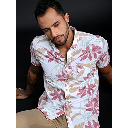 The Bear House Men's Cotton Slim Printed Hawaiian Short Sleeves Shirt |White |L |Tbh-Linsy-Wh-L |
