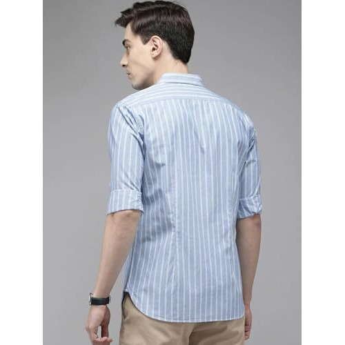 The Bear House Men Cotton Blue Striped Slim Fit Casual Shirt