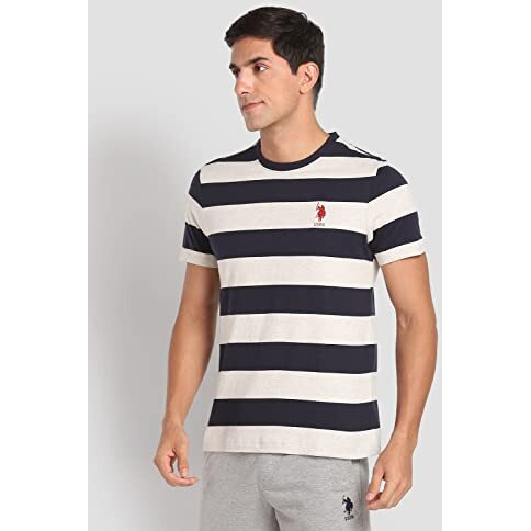 U.S. Polo Assn. Mens Cotton Crew Neck Striper I688 Lounge Regular Fit T-Shirt-Pack Of 1 (Lt.Grey Mel/Navy Large)