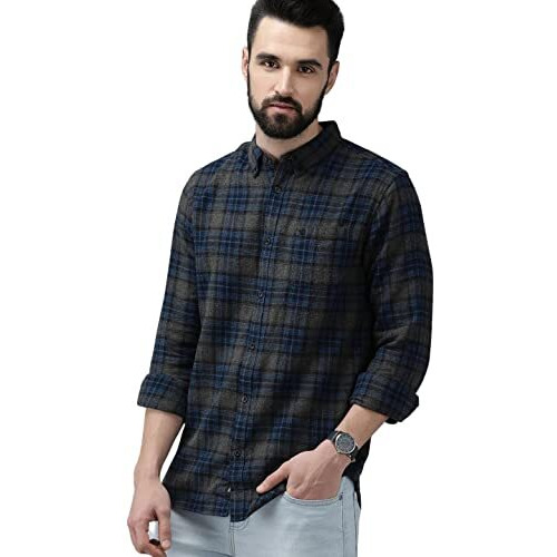 The Bear House Men's Cotton Charcoal Grey & Blue Slim Fit Checked Flannel Cotton Shirt | 3Xl |Tbh-Lamo-Bl-3Xl |
