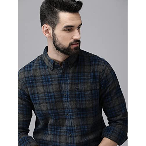 The Bear House Men's Cotton Charcoal Grey & Blue Slim Fit Checked Flannel Cotton Shirt | 3Xl |Tbh-Lamo-Bl-3Xl |