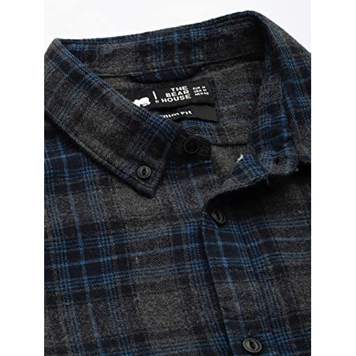 The Bear House Men's Cotton Charcoal Grey & Blue Slim Fit Checked Flannel Cotton Shirt | 3Xl |Tbh-Lamo-Bl-3Xl |