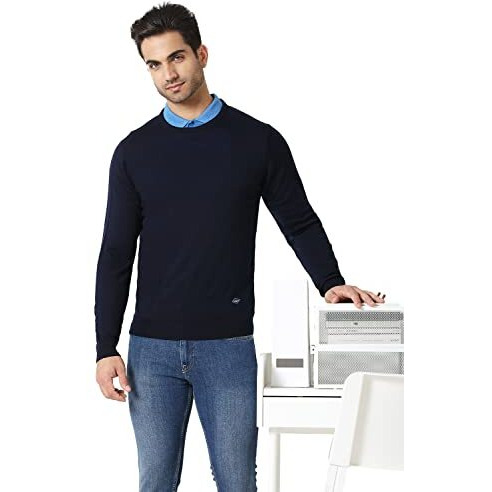 Van Heusen Athleisure Men Sweater - 100% Merino Wool - Crew Neck, Full Sleeve, Ultra Soft_72001_Navy_M