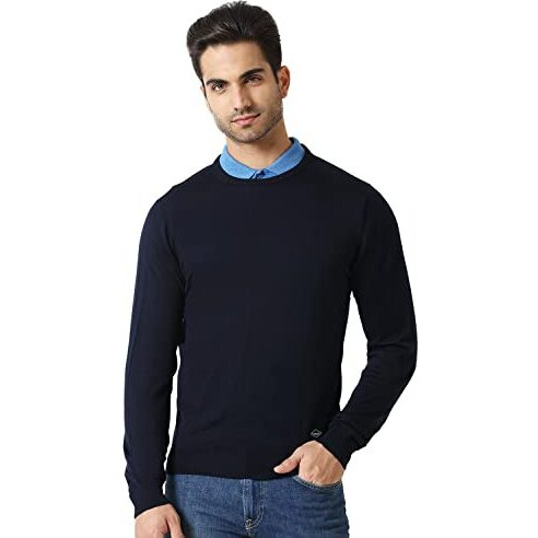 Van Heusen Athleisure Men Sweater - 100% Merino Wool - Crew Neck, Full Sleeve, Ultra Soft_72001_Navy_M