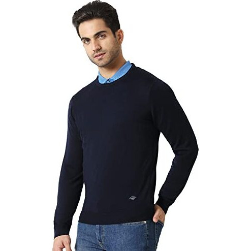 Van Heusen Athleisure Men Sweater - 100% Merino Wool - Crew Neck, Full Sleeve, Ultra Soft_72001_Navy_M