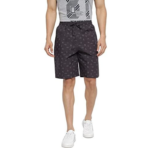 Van Heusen Men's Athleisure Soft Suede Touch Lounge Shorts - 100% Combed Cotton - Allover Print, Functional Pocket_50061_Asp-13_Small,Grey