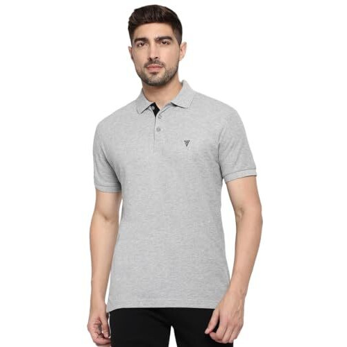 Van Heusen Men Athleisure Colour Fresh Polo Regular Fit T-Shirt-100% Combed Cotton-Moisture Wicking, Ultra Soft_60032_Grey Melange_Large