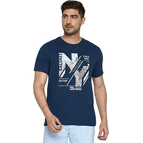 Van Heusen Men Athleisure Crew Neck Regular Fit T-Shirt-Short Sleeve,Chest Graphic_60096_Deep Sea Lt_Xl,Black