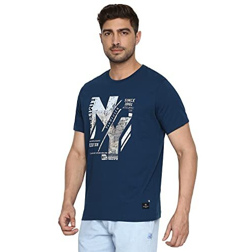 Van Heusen Men Athleisure Crew Neck Regular Fit T-Shirt-Short Sleeve,Chest Graphic_60096_Deep Sea Lt_Xl,Black