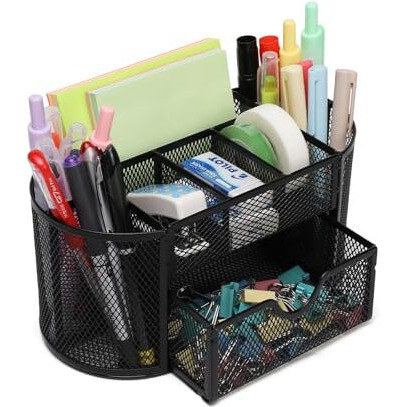 Neomate Metal Mesh Desk Organizer | Durable Office Supplies Caddy with Drawer for Home & Office | Desktop Organizer & Dcor | Black