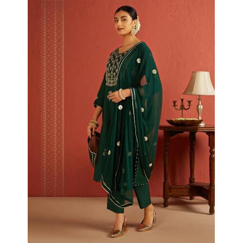 Kaari Roman Silk Womens Kurta Set (KAAAW24WSKD-70019_Royal Emerald_XXL)